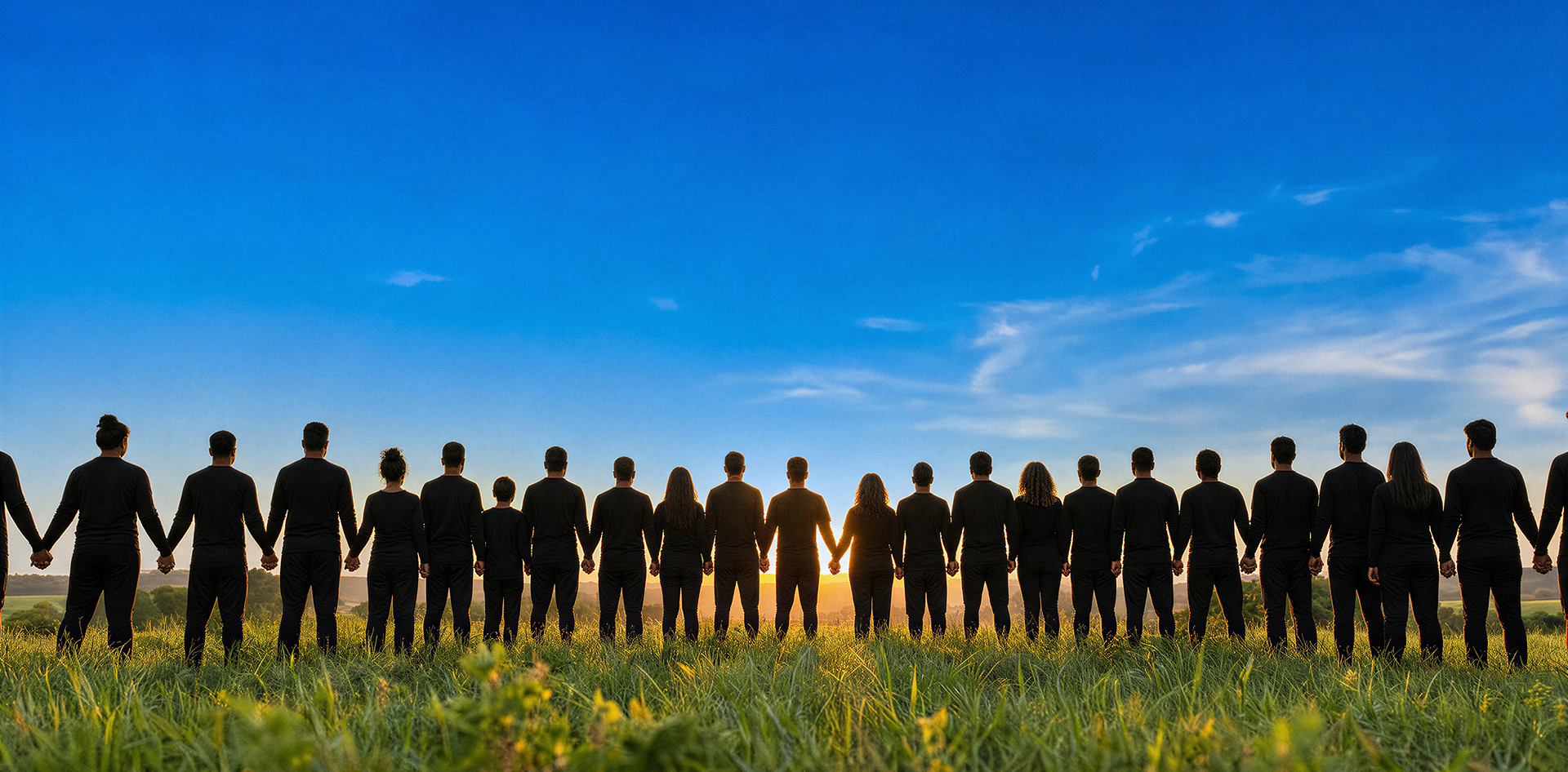 Xoriant people standing together across an open field at sunrise