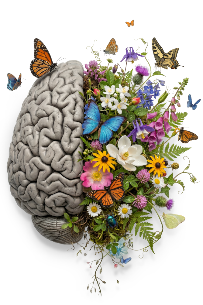 A brain rendered half as stone circuitry and half as wildflowers and butterflies